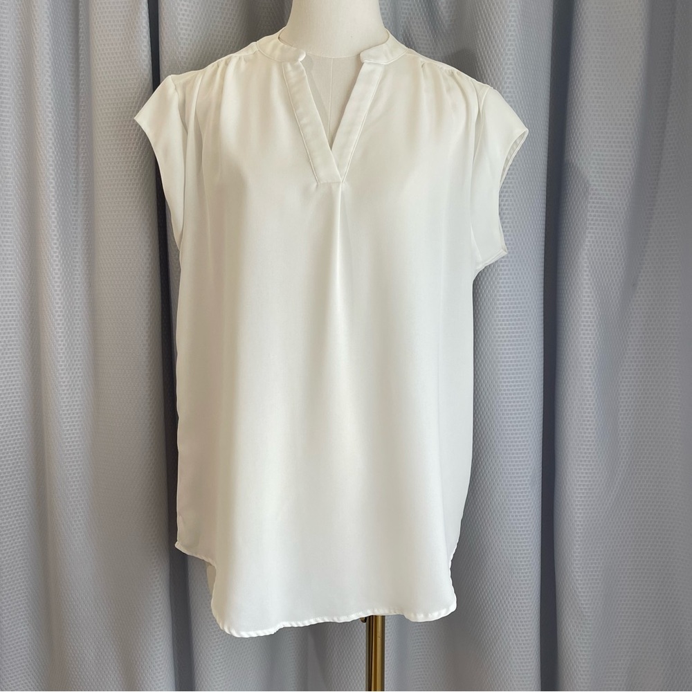 Women's V Neck White Dressy Blouse Capped Sleeve Lightweight Classic